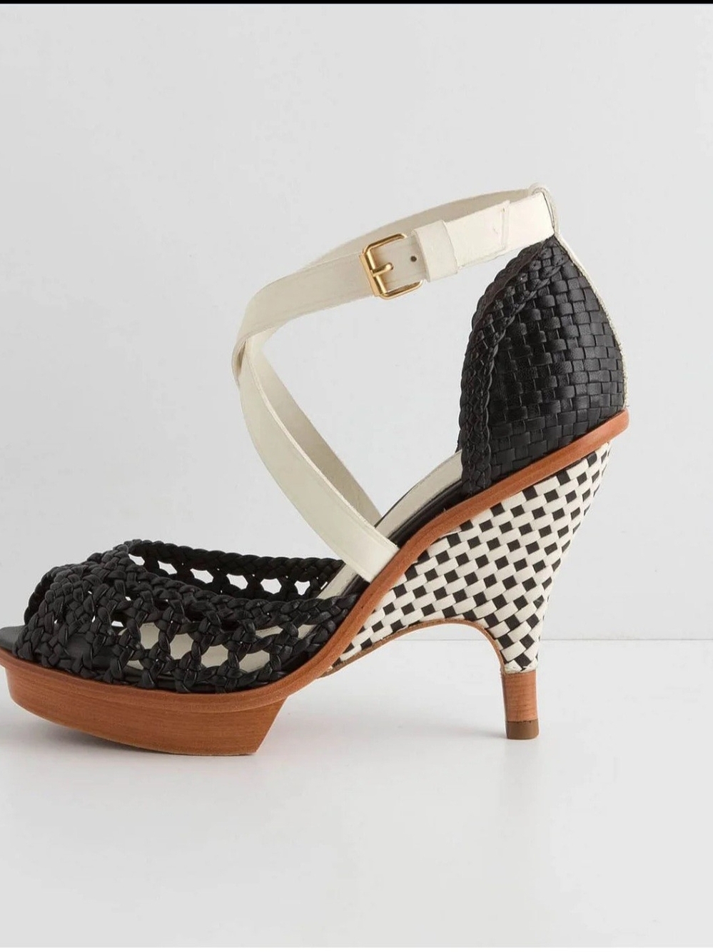 leifsdottir Black and Cream Woven Leather Ankle-Strap Mid Heel - SIZE 8